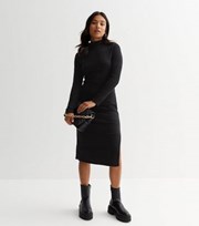 New Look Petite Black Textured High Neck Long Sleeve Side Slit Midi Dress